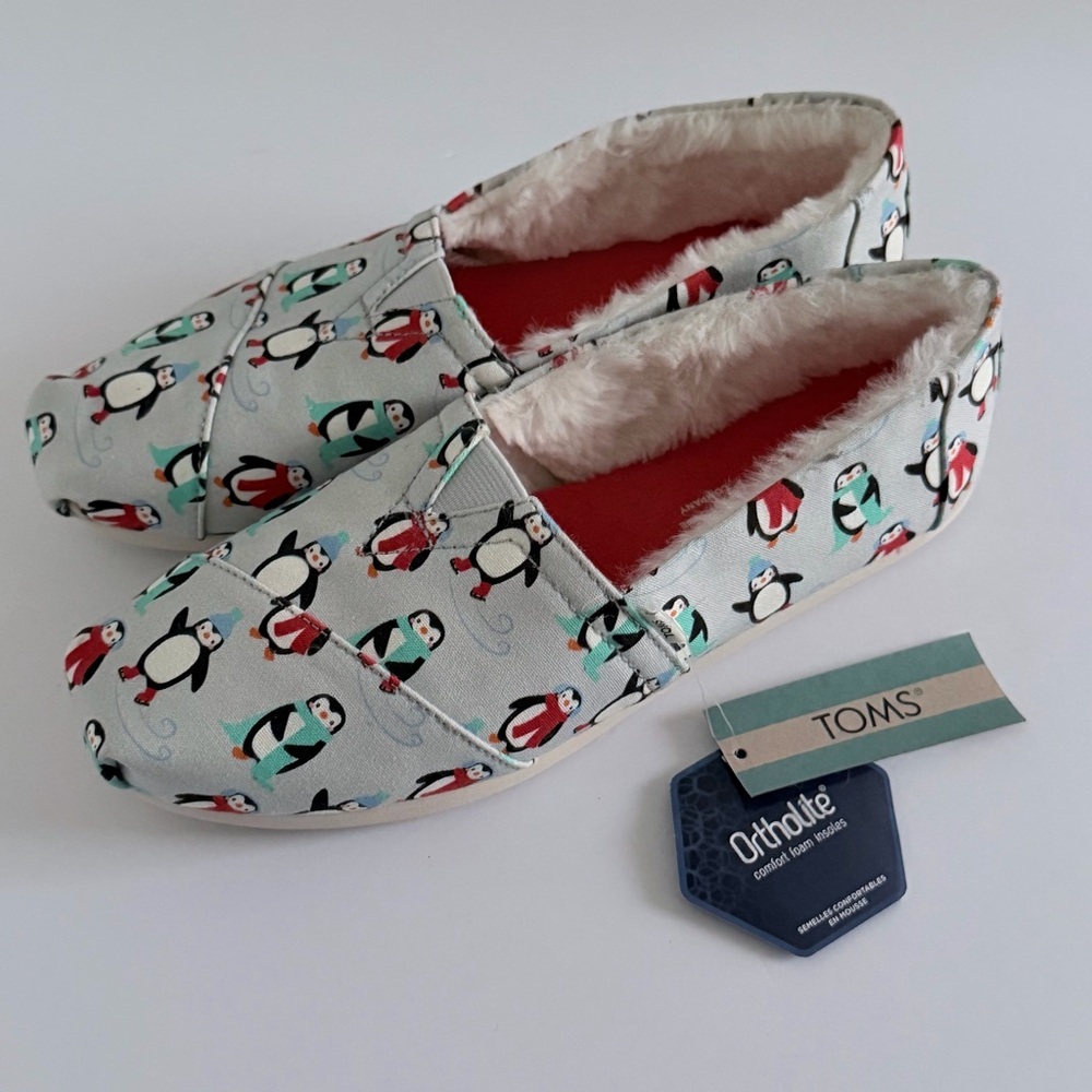 TOMS Alpargata Glacier Gray Winter Penguins Faux Fur Slip-On Flat Womens 7.5 NWT